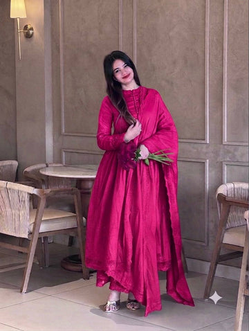 Glamorous Roman Silk Heavy Embroidered Gown Set for Special Occasions