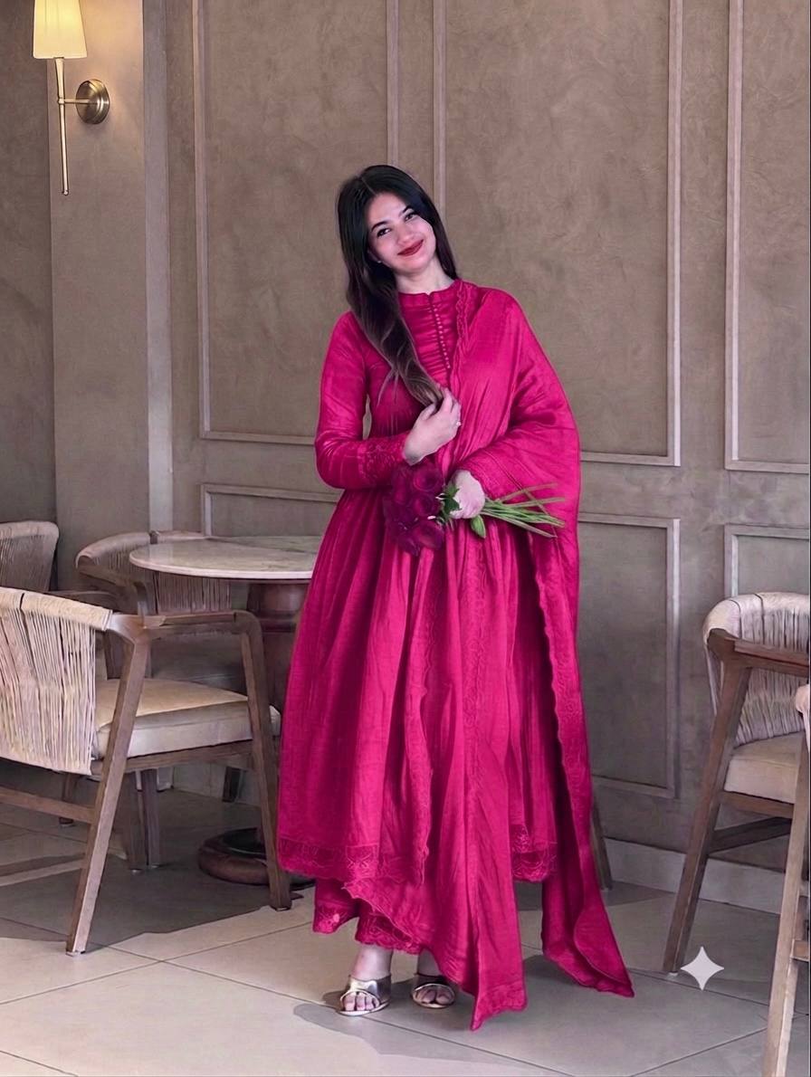 Glamorous Roman Silk Heavy Embroidered Gown Set for Special Occasions