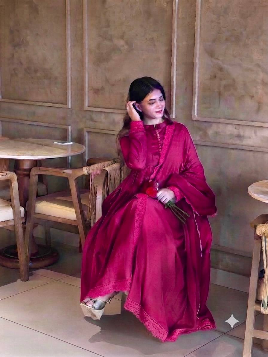 Glamorous Roman Silk Heavy Embroidered Gown Set for Special Occasions