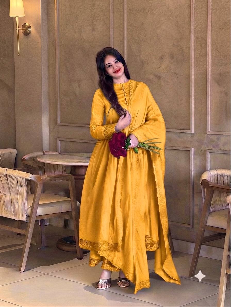 Glamorous Roman Silk Heavy Embroidered Gown Set for Special Occasions