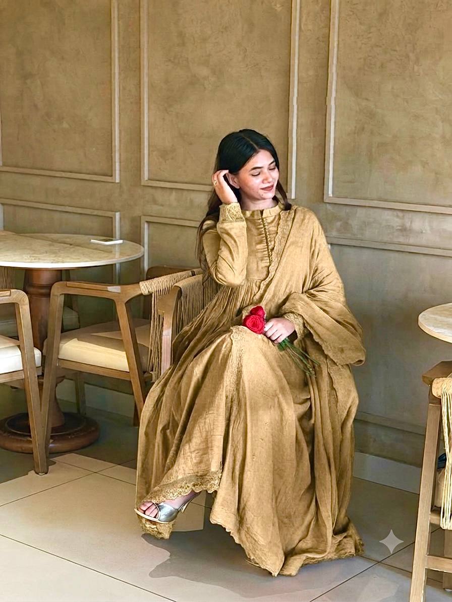 Glamorous Roman Silk Heavy Embroidered Gown Set for Special Occasions