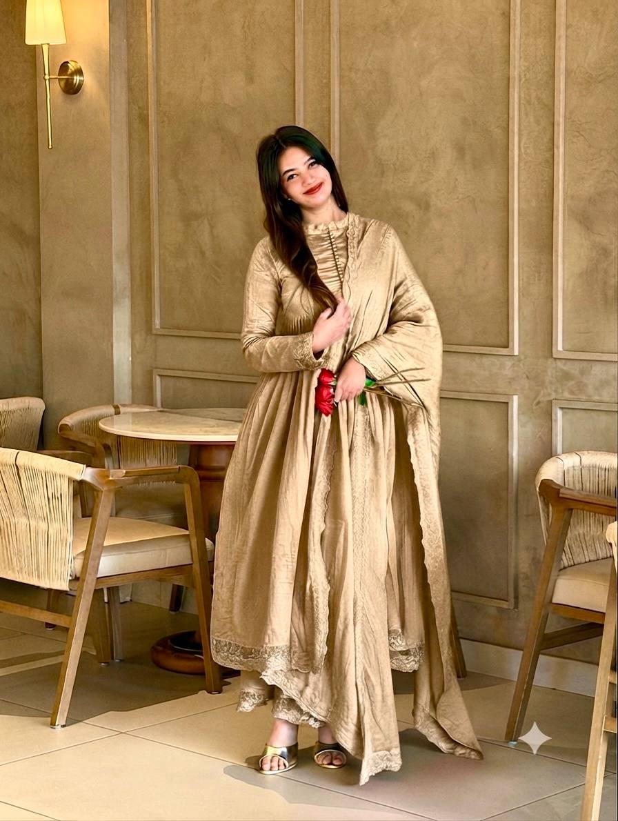 Glamorous Roman Silk Heavy Embroidered Gown Set for Special Occasions