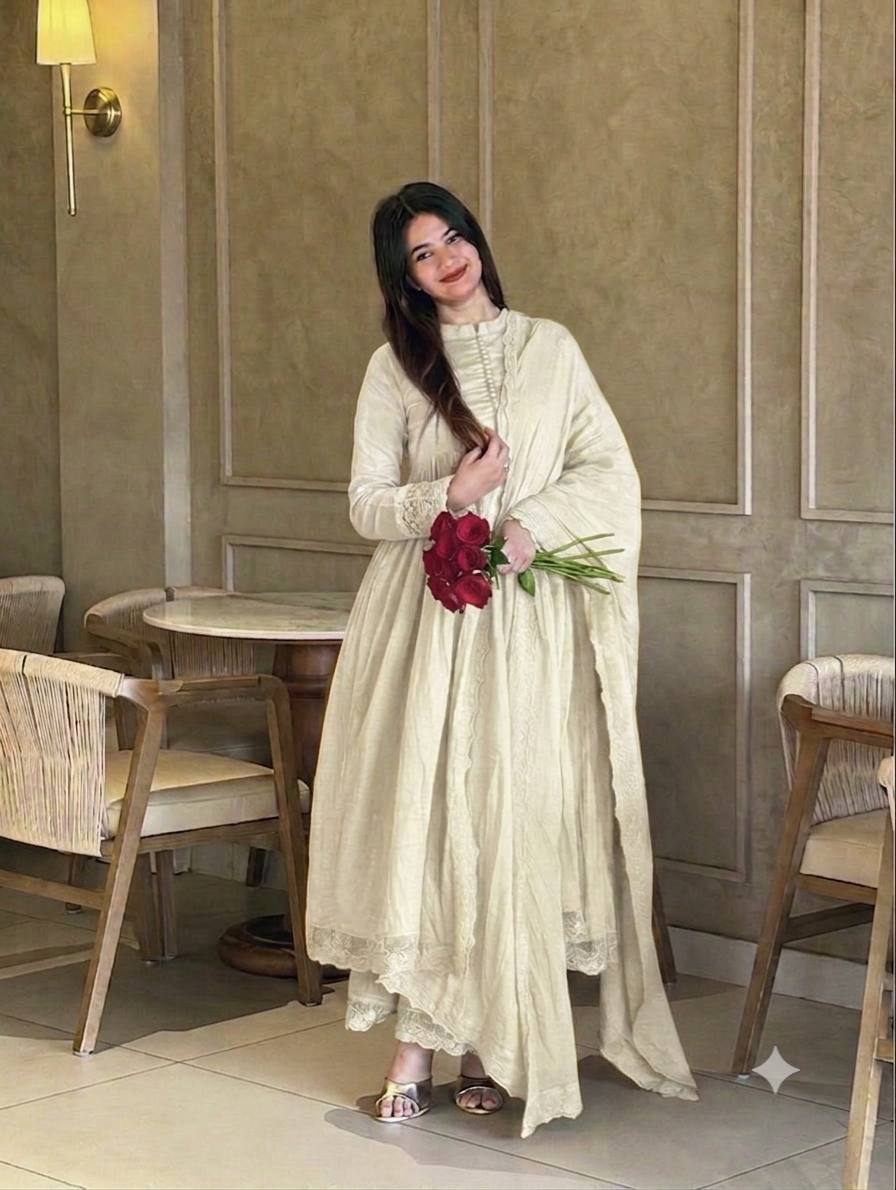 Glamorous Roman Silk Heavy Embroidered Gown Set for Special Occasions