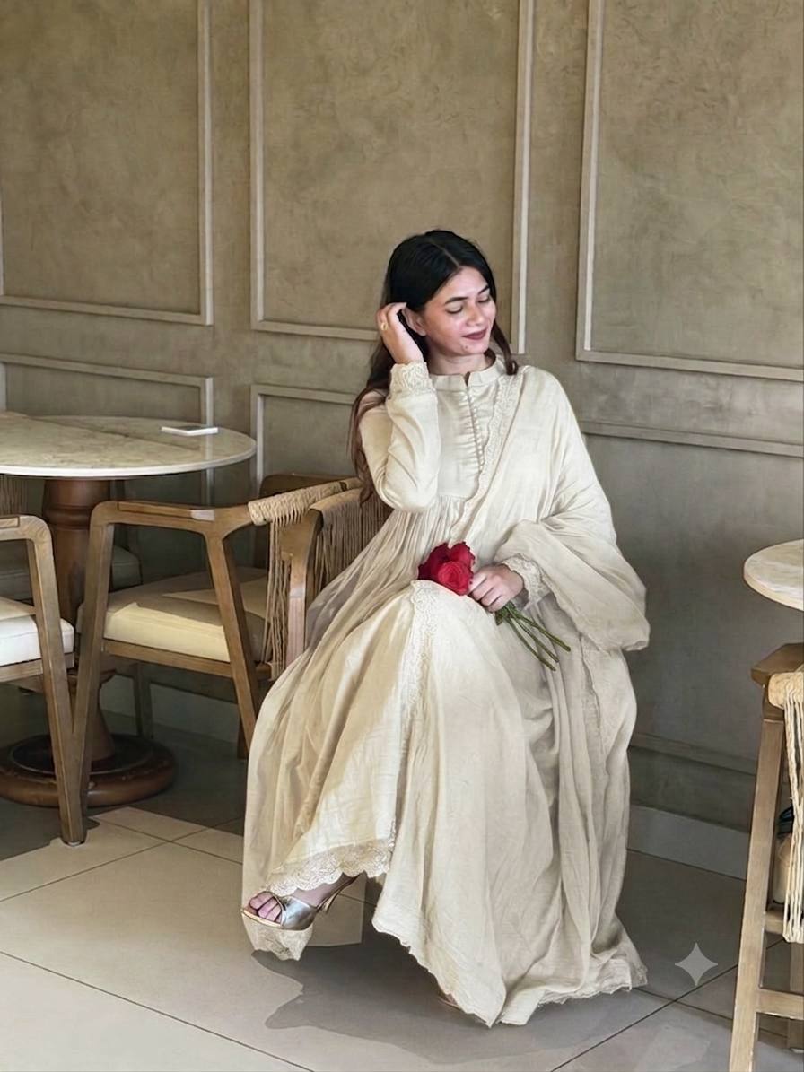 Glamorous Roman Silk Heavy Embroidered Gown Set for Special Occasions