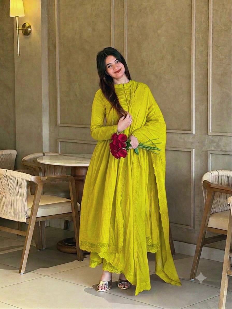 Glamorous Roman Silk Heavy Embroidered Gown Set for Special Occasions