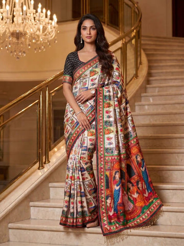 Designer Kalamkari Print Modal Crepe Silk Saree with Real Mirror Work