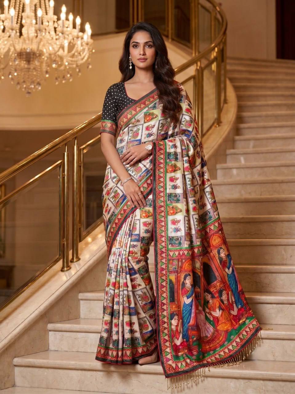 Designer Kalamkari Print Modal Crepe Silk Saree with Real Mirror Work