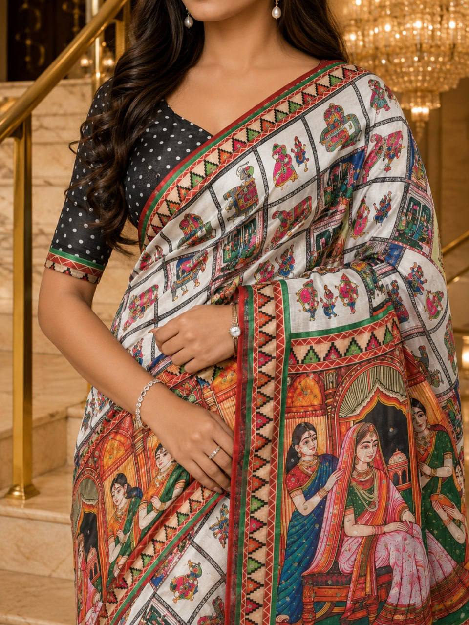 Designer Kalamkari Print Modal Crepe Silk Saree with Real Mirror Work