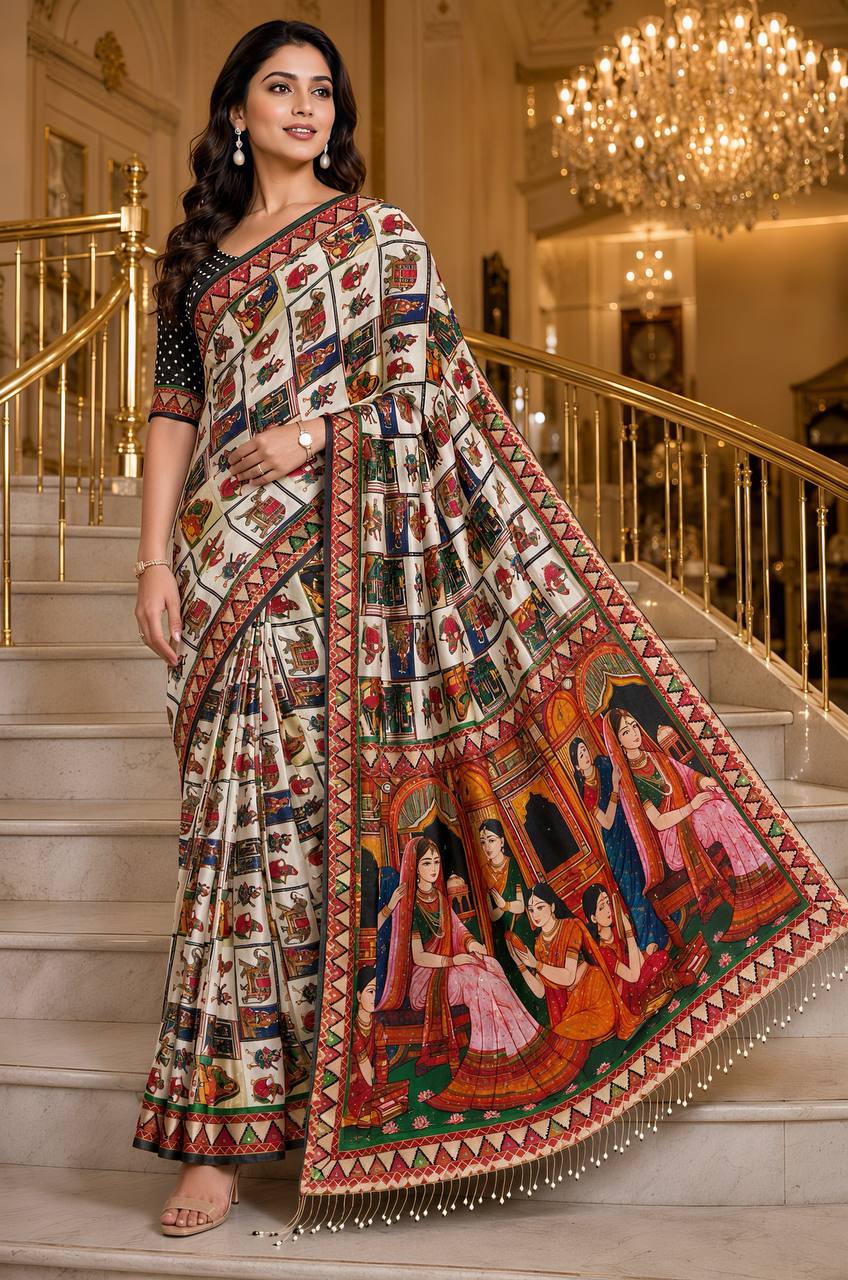 Designer Kalamkari Print Modal Crepe Silk Saree with Real Mirror Work