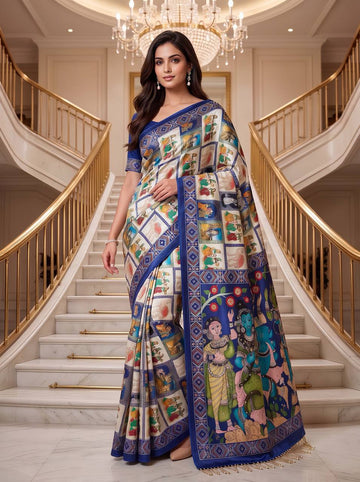 Designer Kalamkari Print Modal Crepe Silk Saree with Real Mirror Work