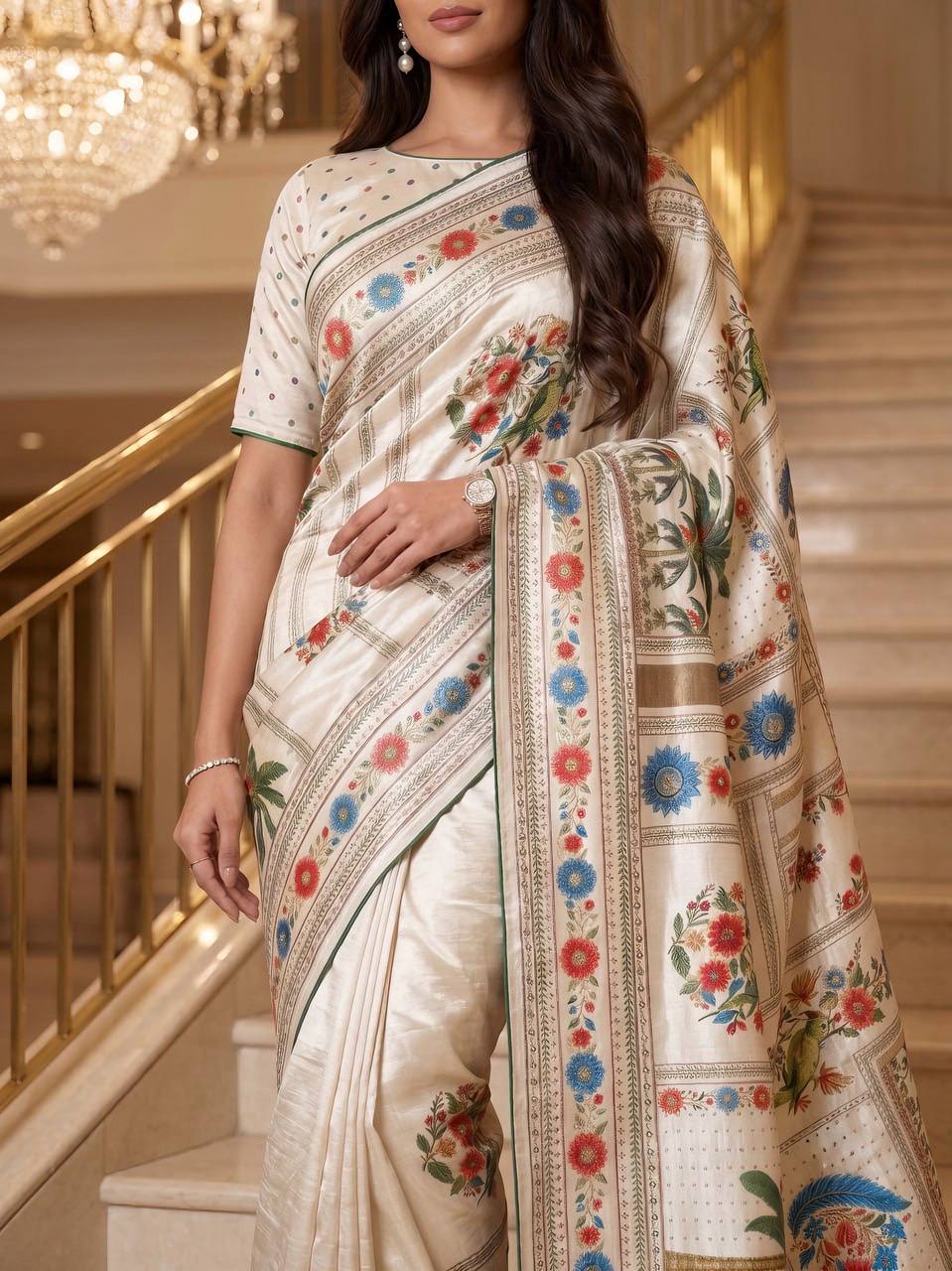 Designer Kalamkari Print Modal Crepe Silk Saree with Real Mirror Work