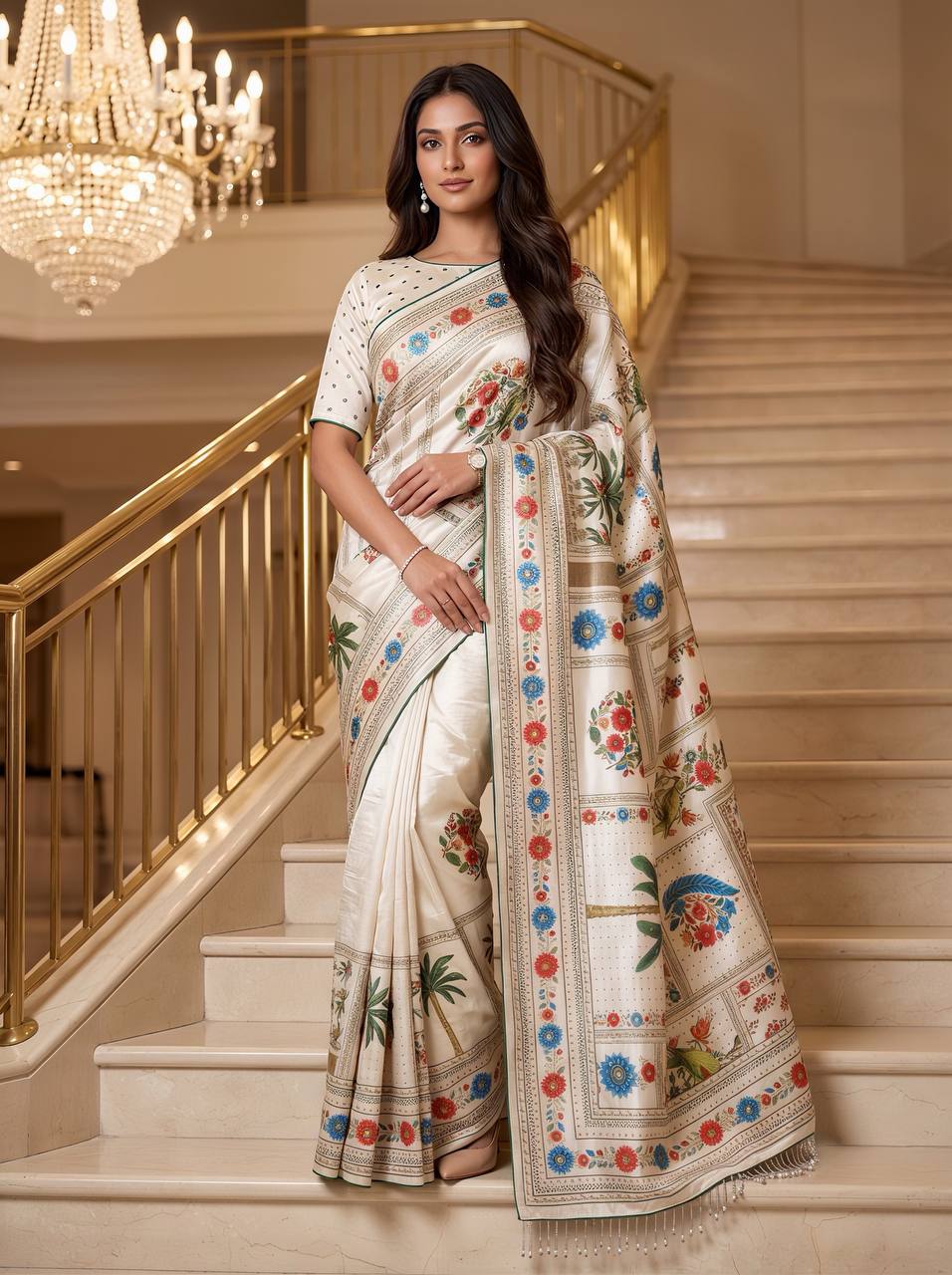 Designer Kalamkari Print Modal Crepe Silk Saree with Real Mirror Work