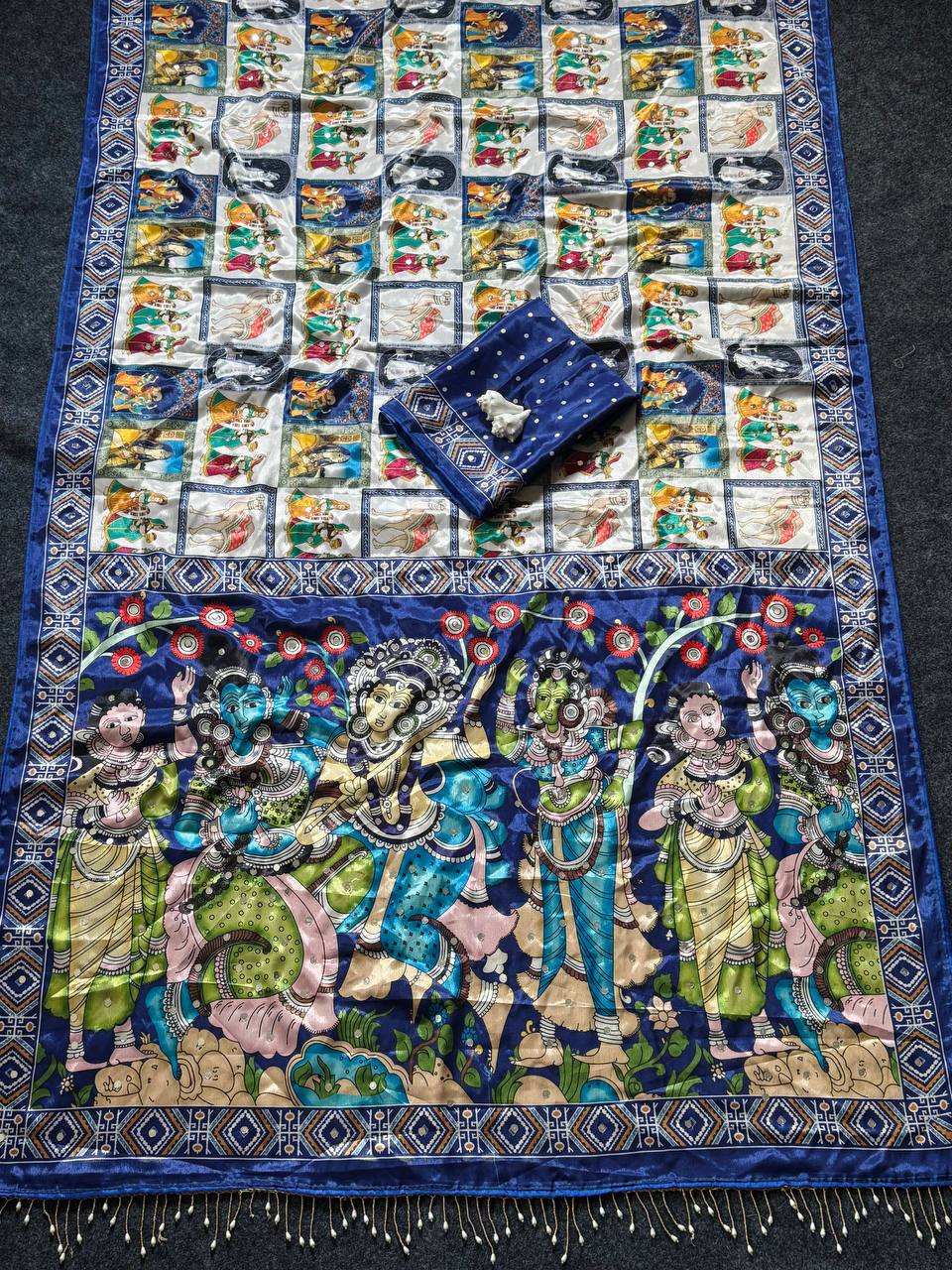 Designer Kalamkari Print Modal Crepe Silk Saree with Real Mirror Work