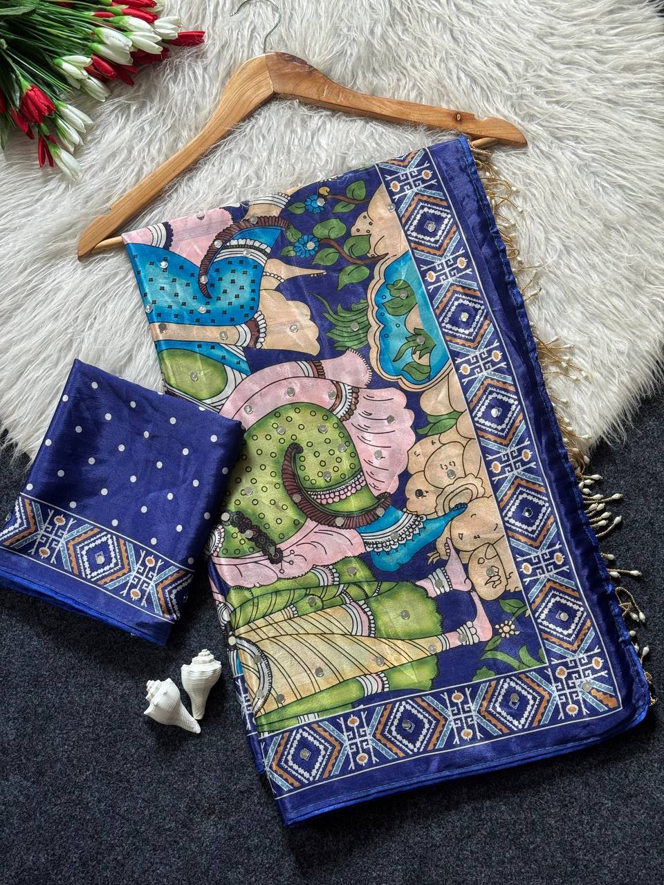 Designer Kalamkari Print Modal Crepe Silk Saree with Real Mirror Work