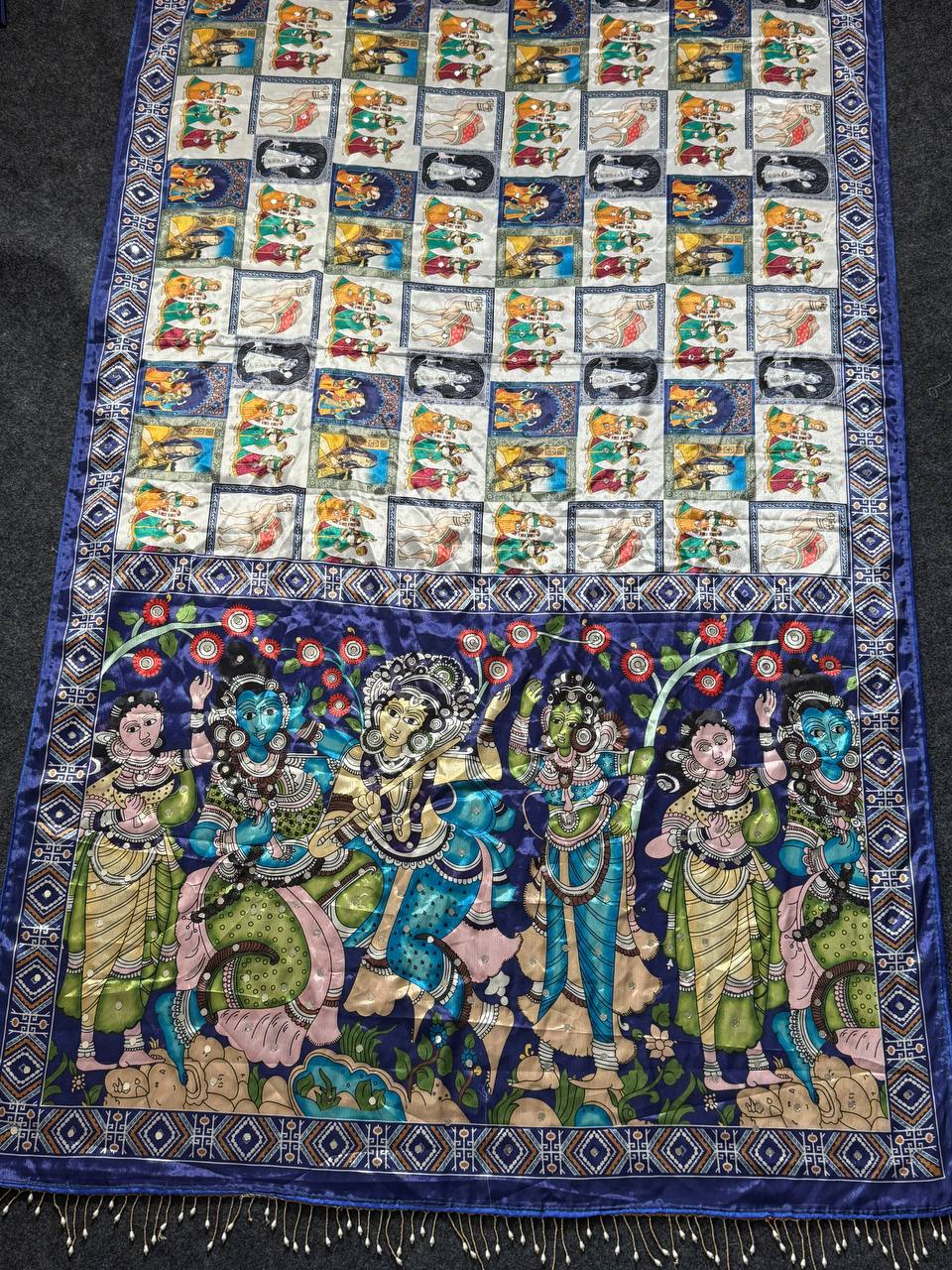 Designer Kalamkari Print Modal Crepe Silk Saree with Real Mirror Work
