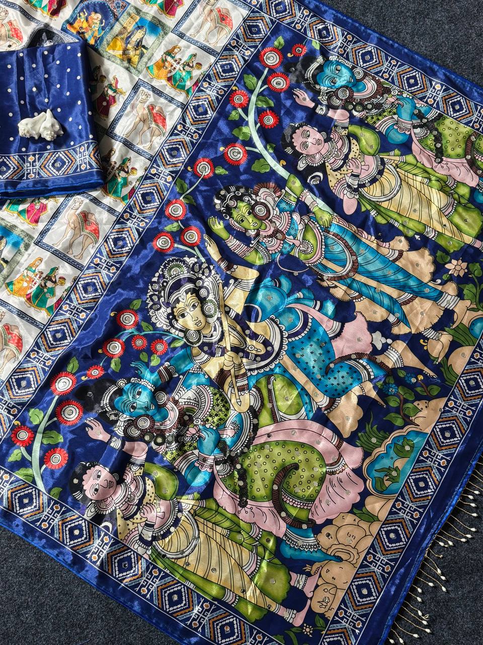 Designer Kalamkari Print Modal Crepe Silk Saree with Real Mirror Work