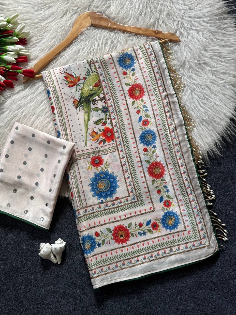 Designer Kalamkari Print Modal Crepe Silk Saree with Real Mirror Work