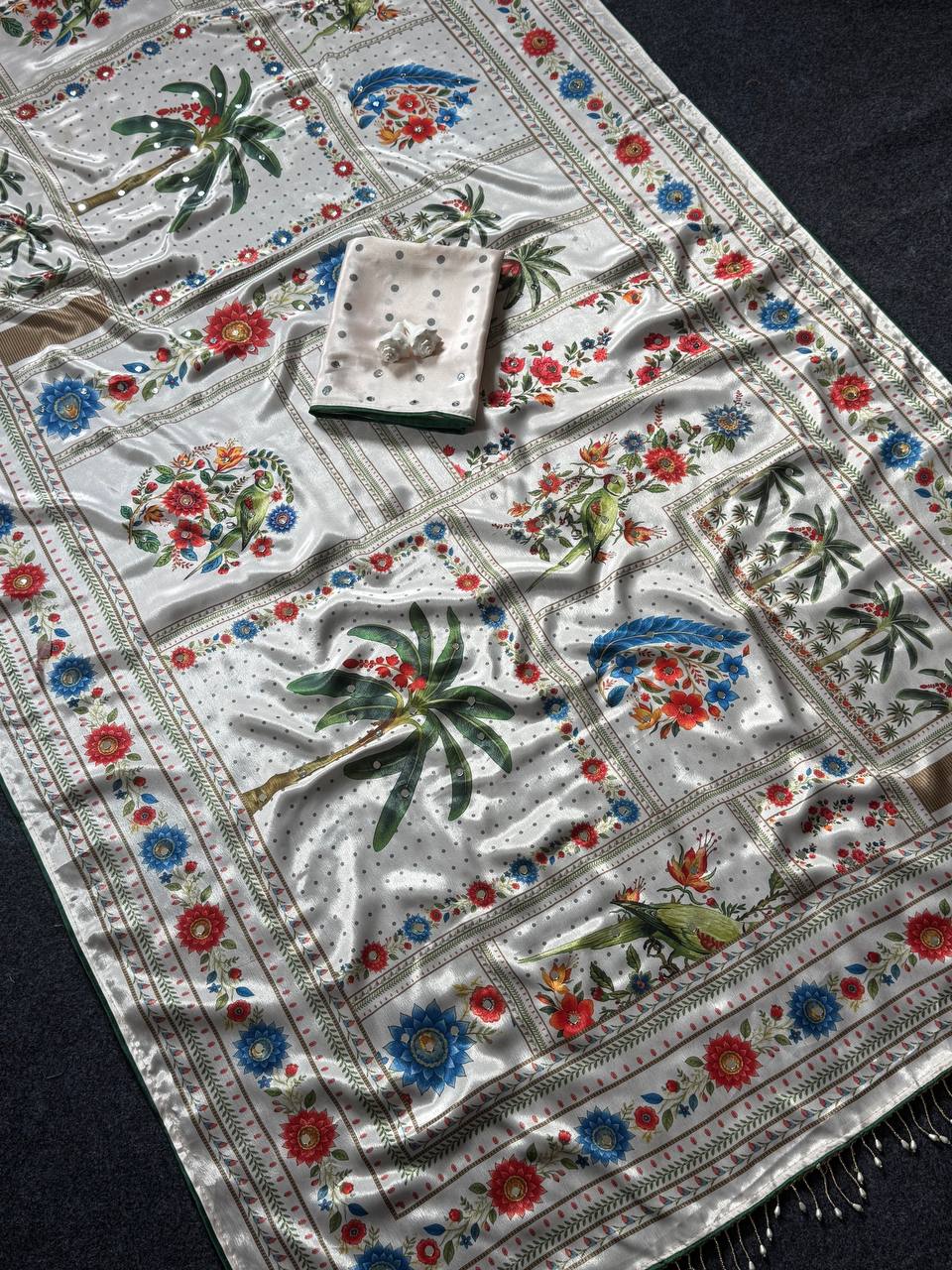 Designer Kalamkari Print Modal Crepe Silk Saree with Real Mirror Work