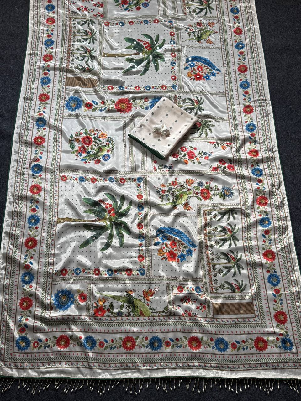 Designer Kalamkari Print Modal Crepe Silk Saree with Real Mirror Work