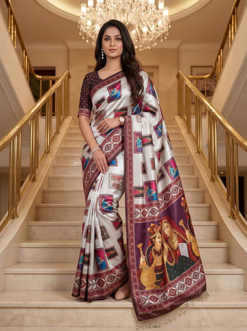 Designer Kalamkari Print Modal Crepe Silk Saree with Real Mirror Work
