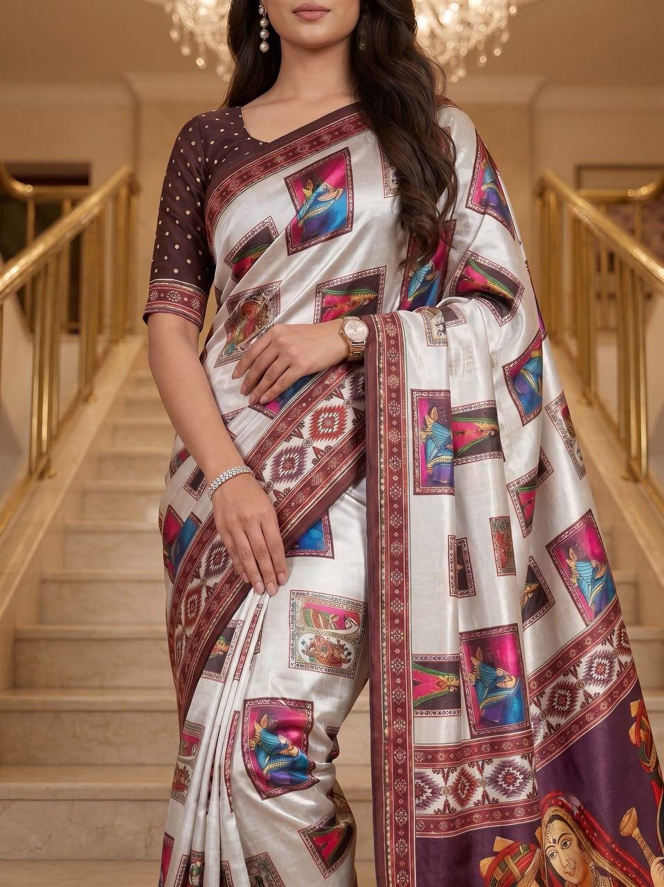 Designer Kalamkari Print Modal Crepe Silk Saree with Real Mirror Work