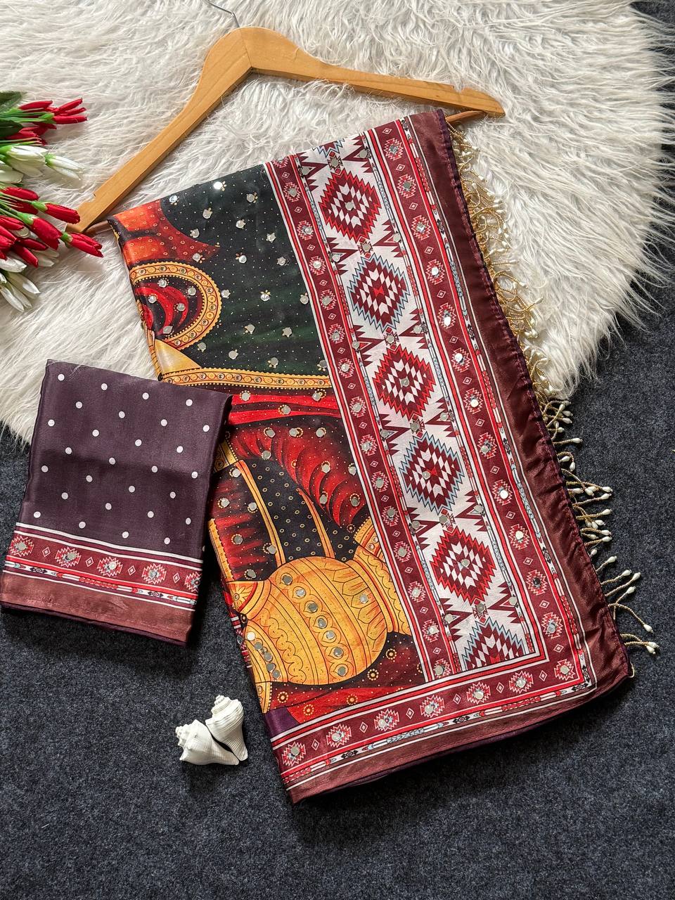 Designer Kalamkari Print Modal Crepe Silk Saree with Real Mirror Work