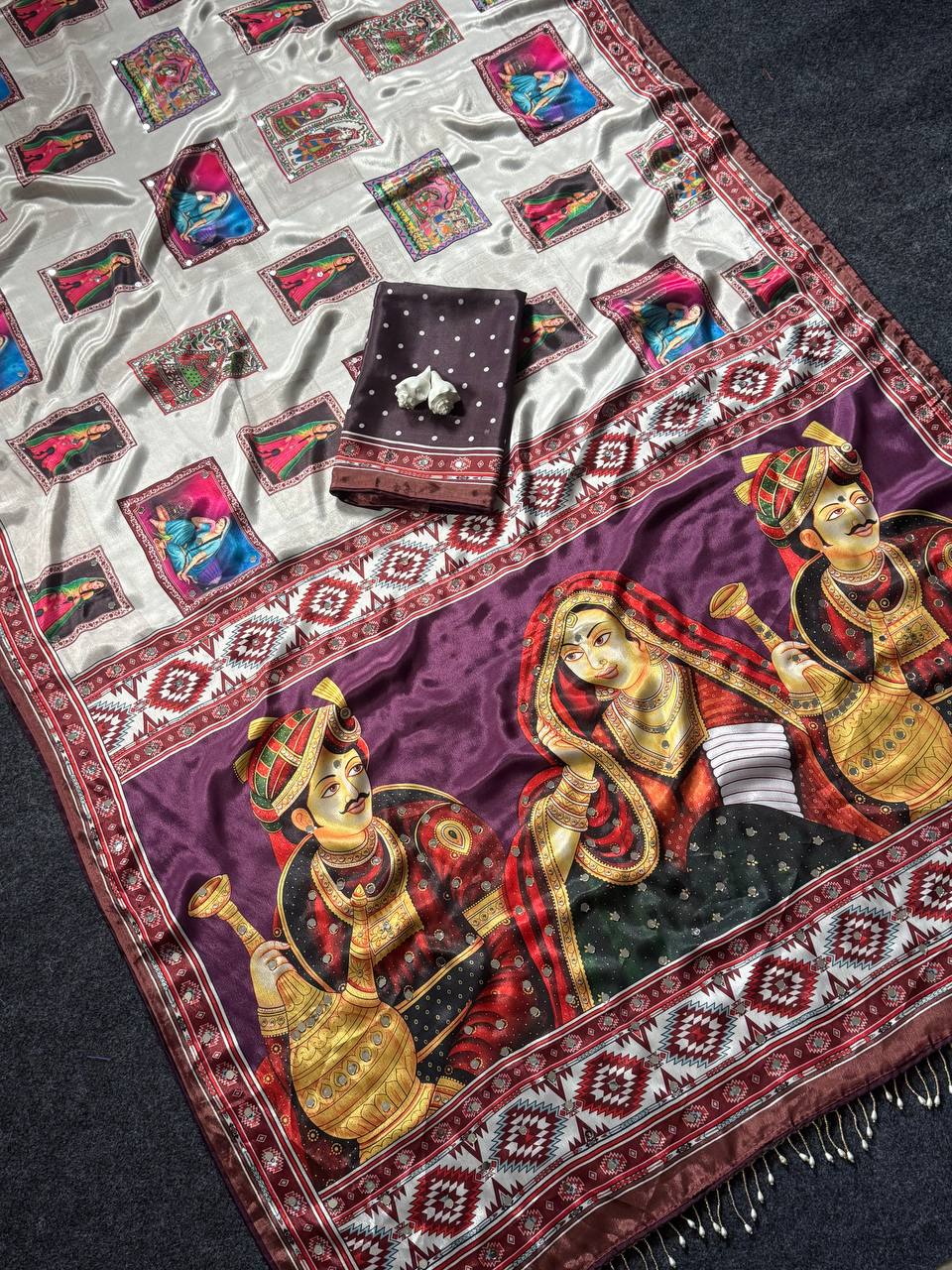 Designer Kalamkari Print Modal Crepe Silk Saree with Real Mirror Work