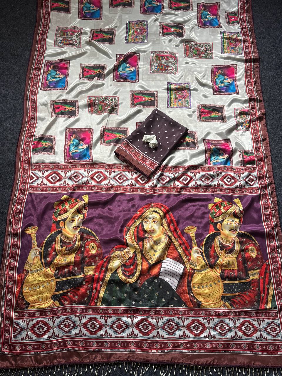 Designer Kalamkari Print Modal Crepe Silk Saree with Real Mirror Work
