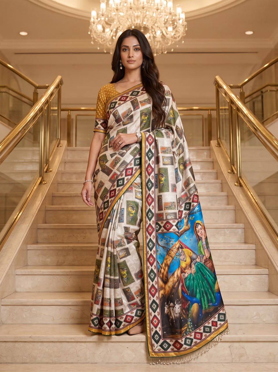 Designer Kalamkari Print Modal Crepe Silk Saree with Real Mirror Work