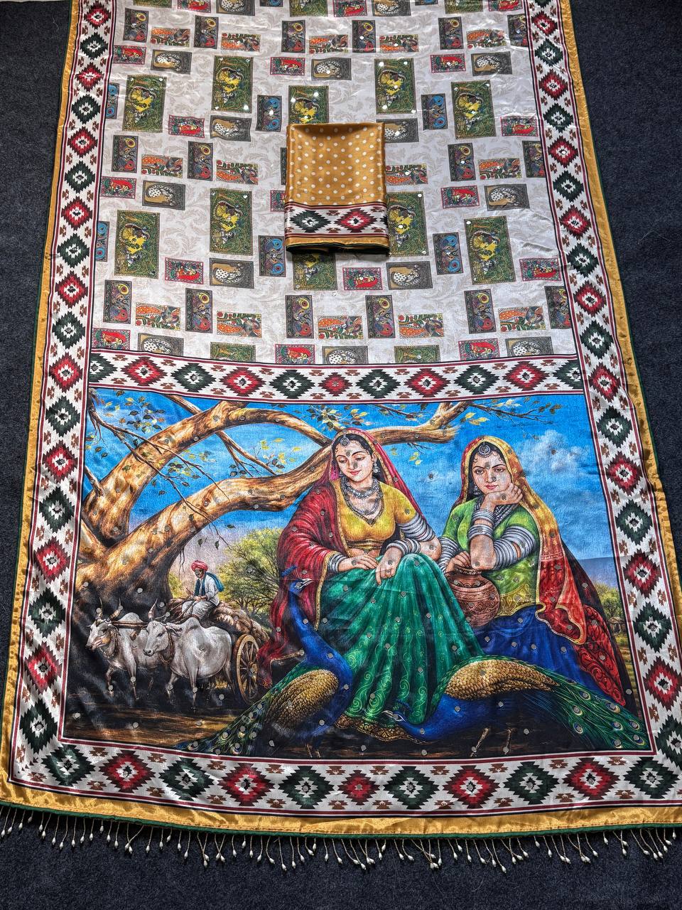 Designer Kalamkari Print Modal Crepe Silk Saree with Real Mirror Work