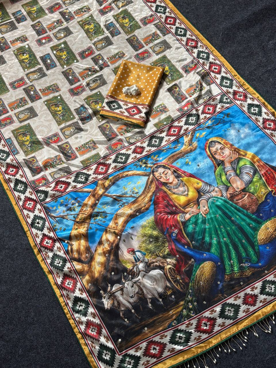 Designer Kalamkari Print Modal Crepe Silk Saree with Real Mirror Work