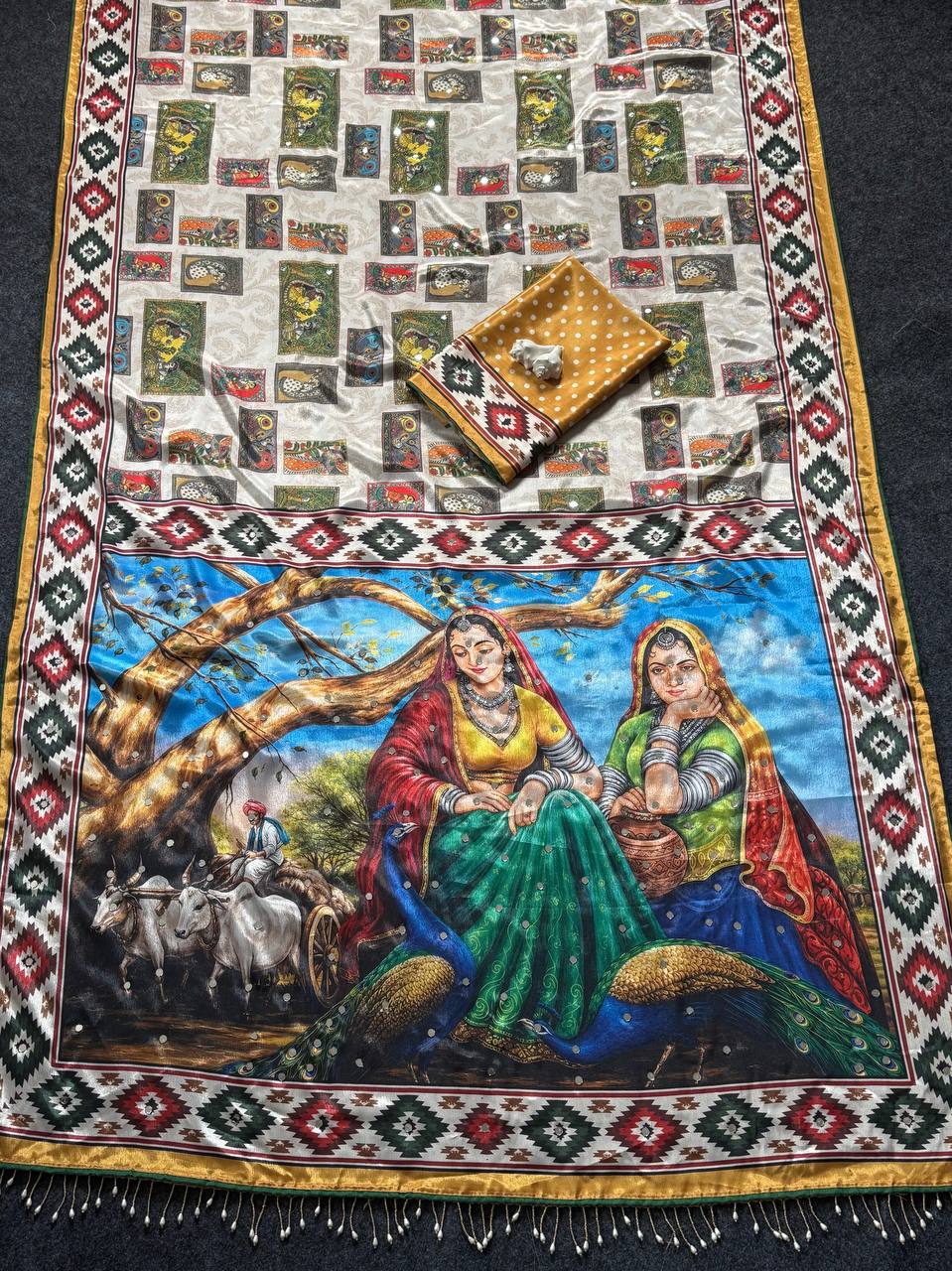Designer Kalamkari Print Modal Crepe Silk Saree with Real Mirror Work