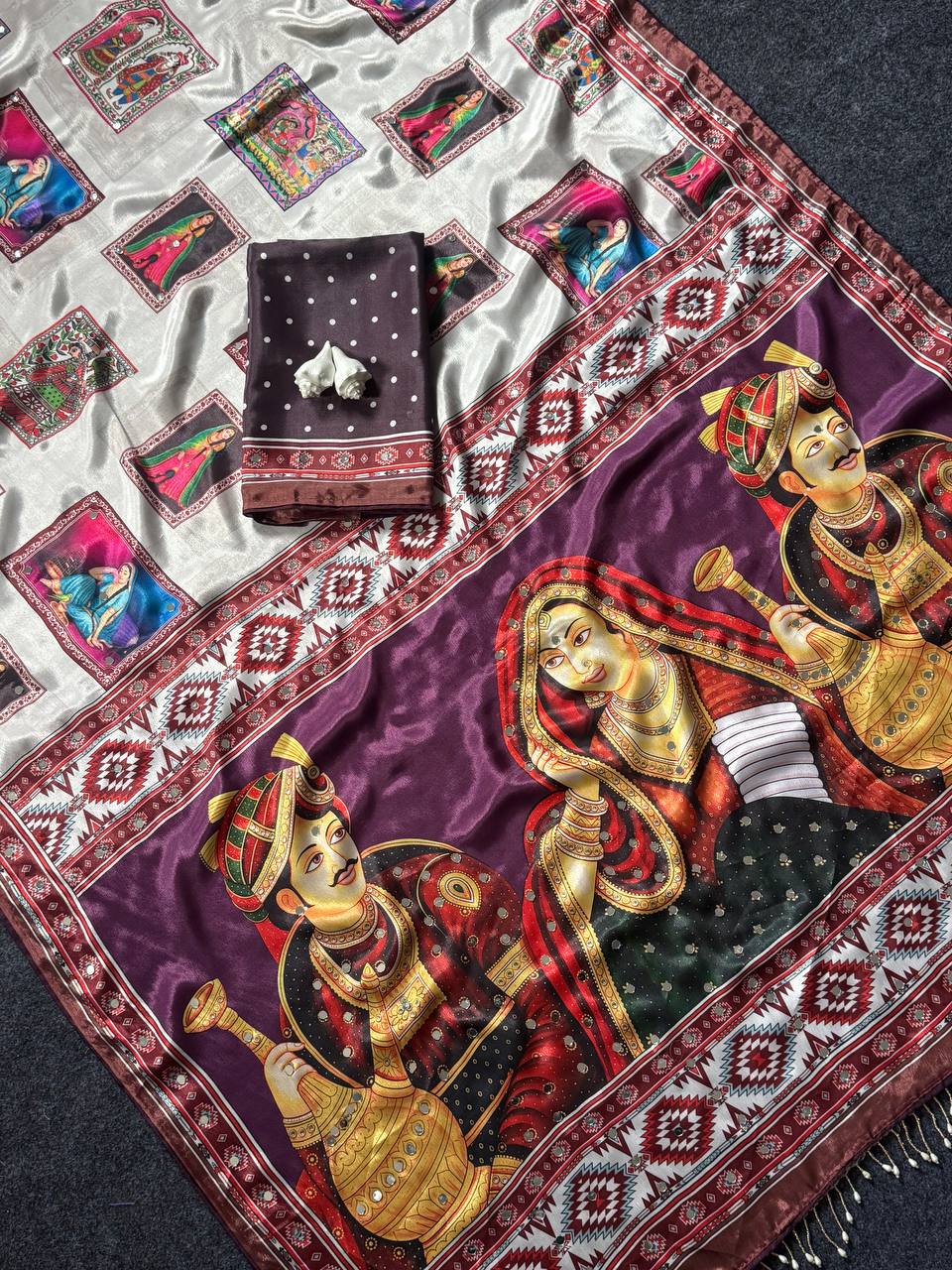Designer Kalamkari Print Modal Crepe Silk Saree with Real Mirror Work