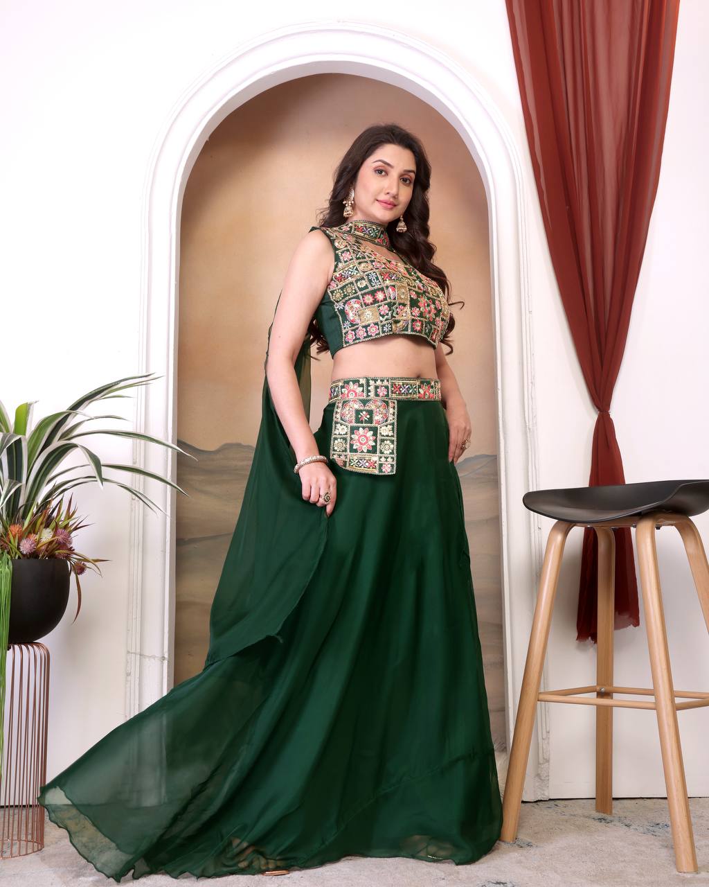 Black & Green Multicolour Embroidered Indo-Western Lehenga Set