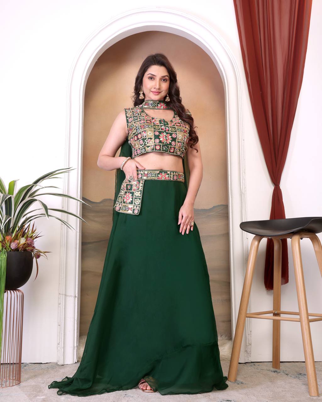 Black & Green Multicolour Embroidered Indo-Western Lehenga Set