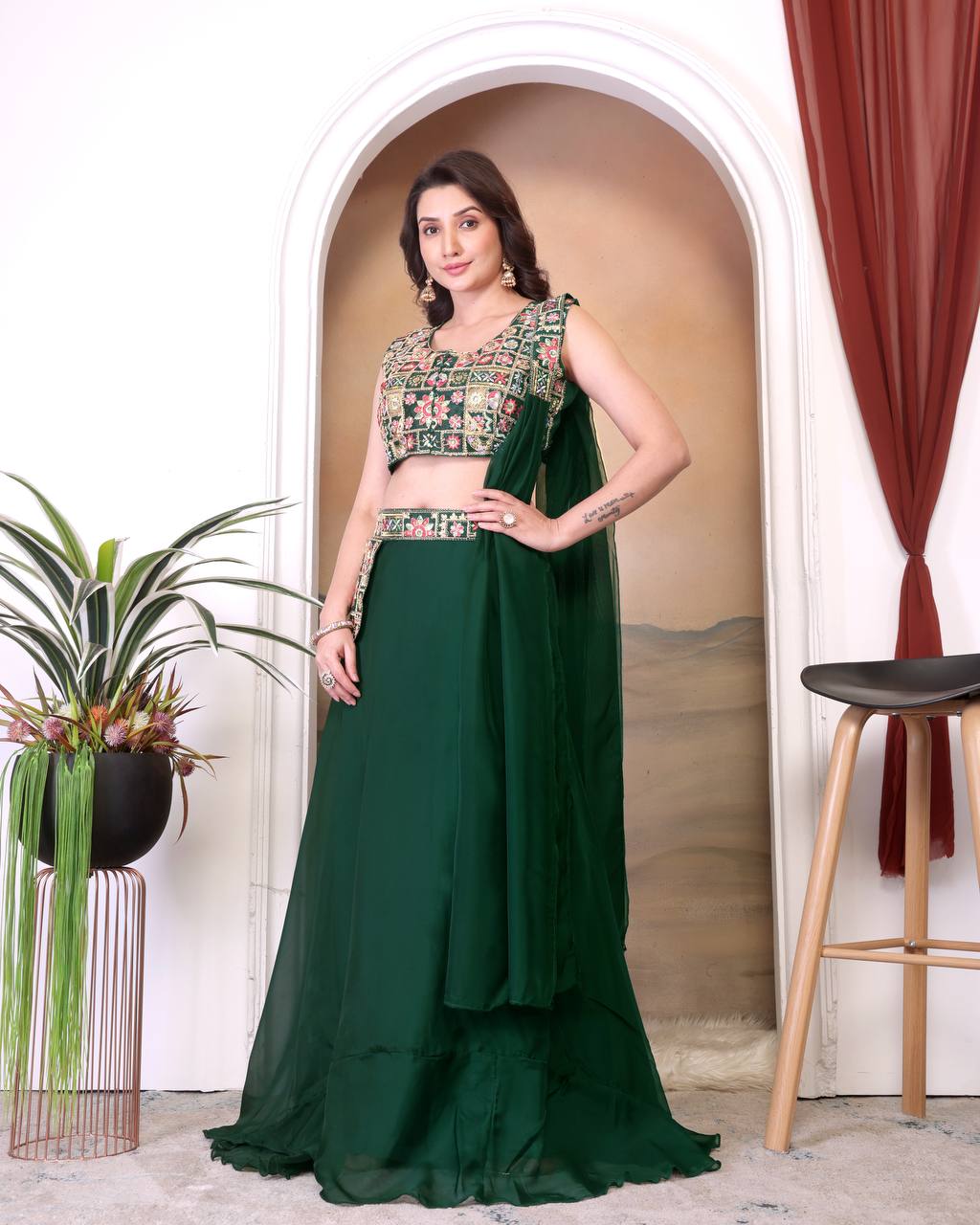 Black & Green Multicolour Embroidered Indo-Western Lehenga Set