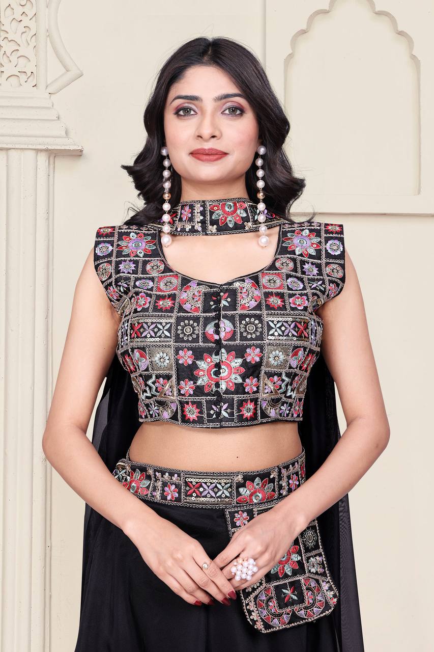Black & Green Multicolour Embroidered Indo-Western Lehenga Set