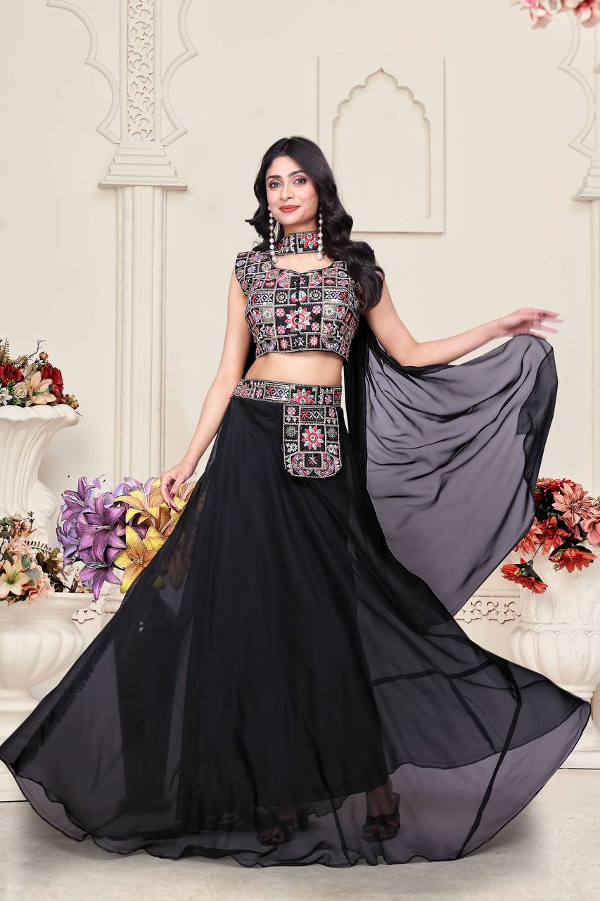 Black & Green Multicolour Embroidered Indo-Western Lehenga Set