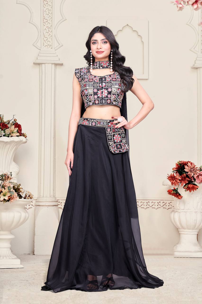 Black & Green Multicolour Embroidered Indo-Western Lehenga Set