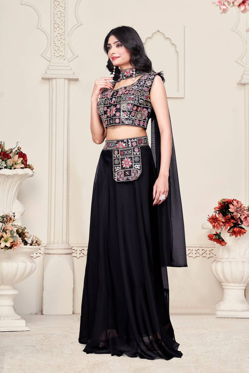 Black & Green Multicolour Embroidered Indo-Western Lehenga Set