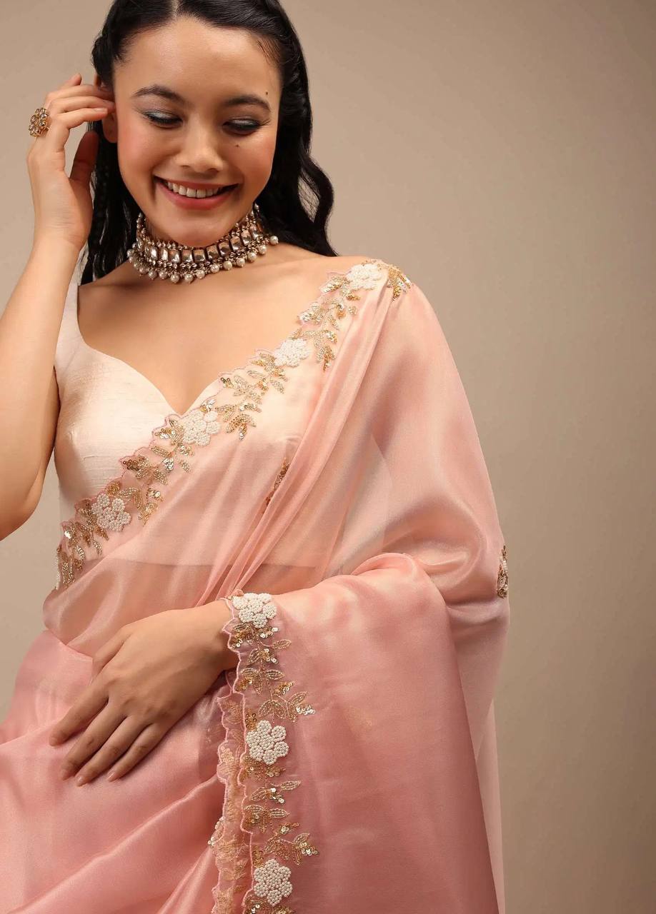 Light Orange Handwork Zimmy Chu Saree with Cut Work Border