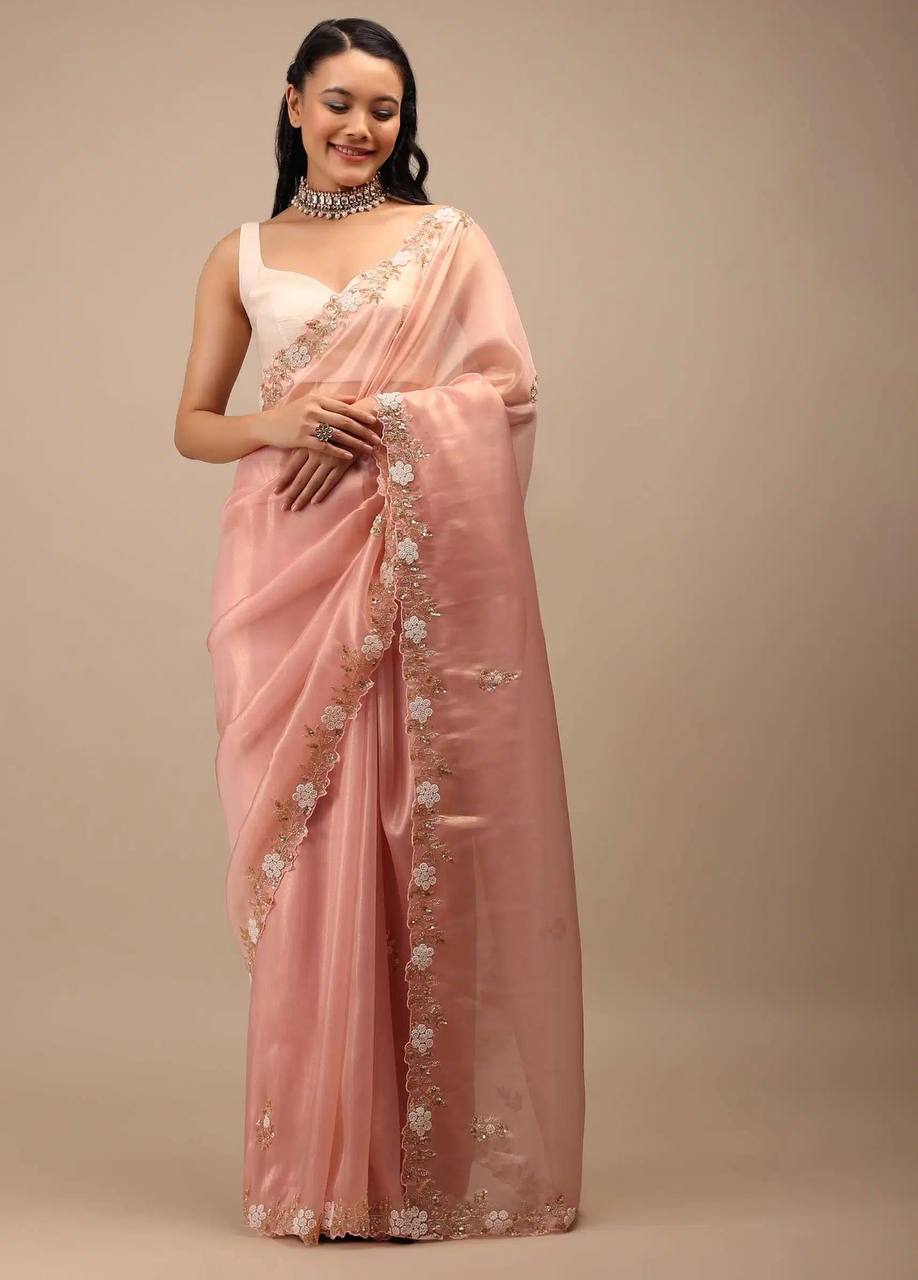 Light Orange Handwork Zimmy Chu Saree with Cut Work Border