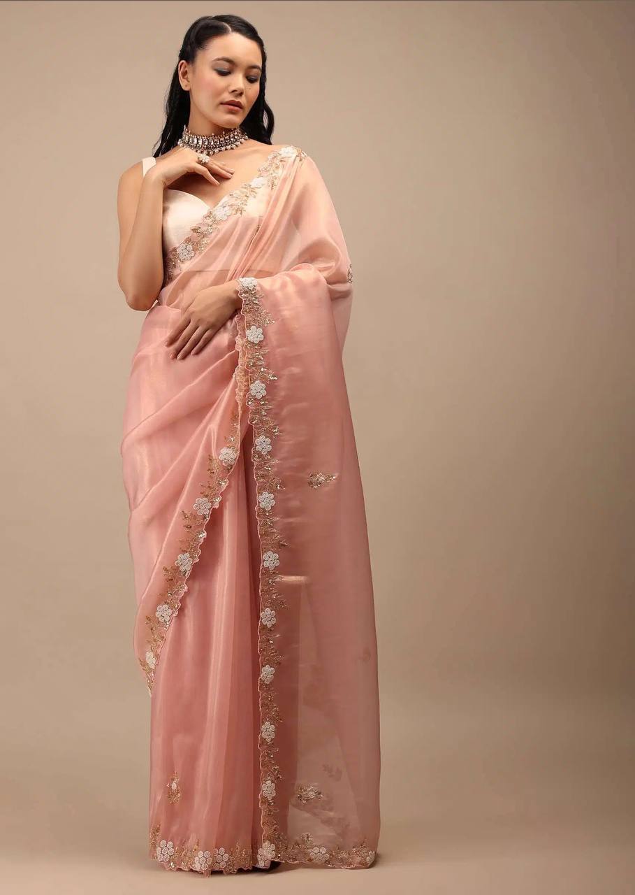 Light Orange Handwork Zimmy Chu Saree with Cut Work Border