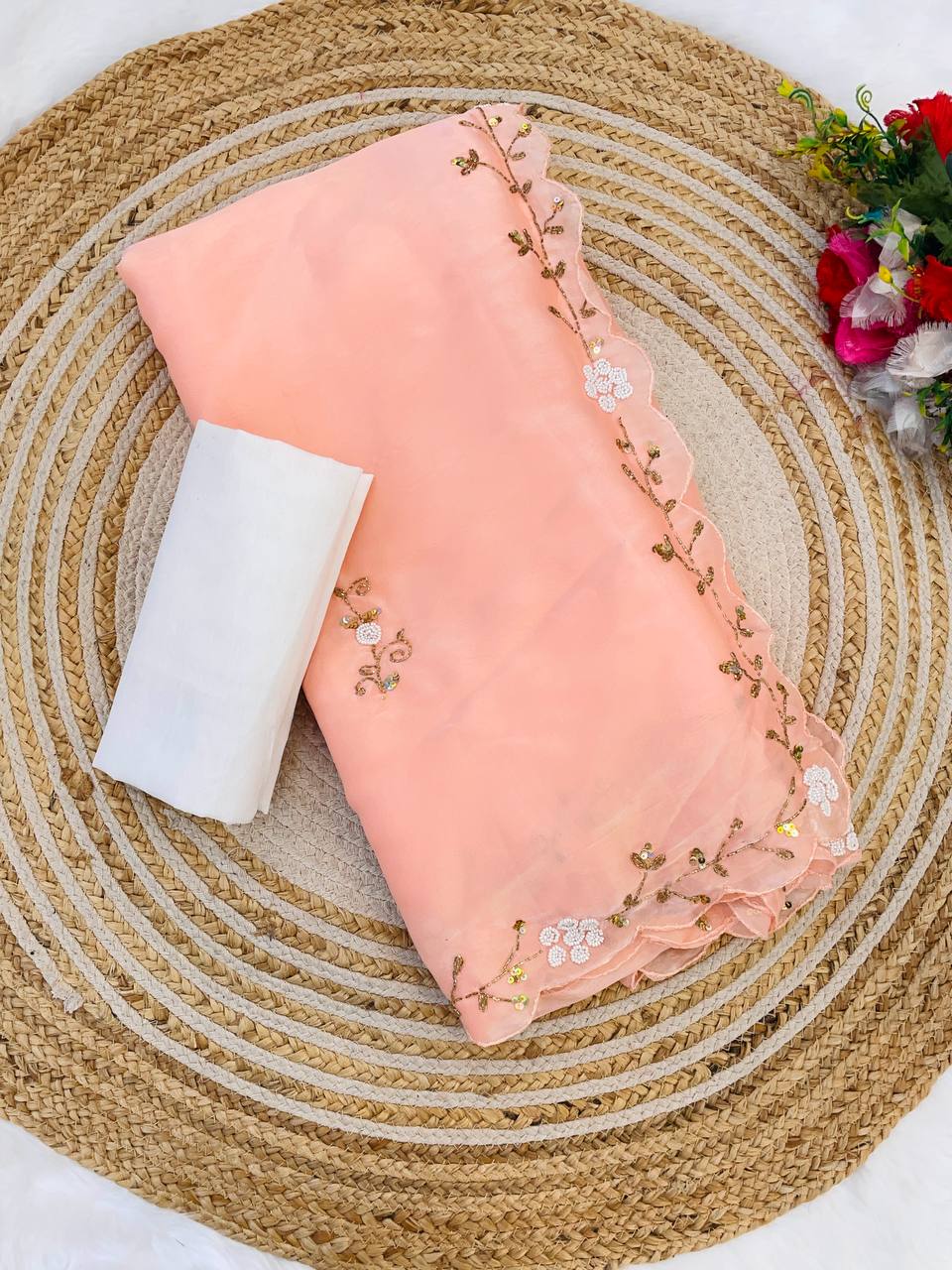 Light Orange Handwork Zimmy Chu Saree with Cut Work Border