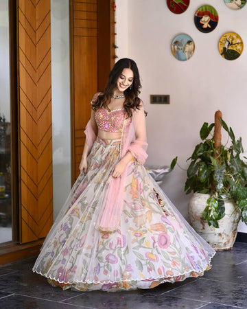 Traditional Chinon Silk Printed Lehenga Set with Embroidered Sequins