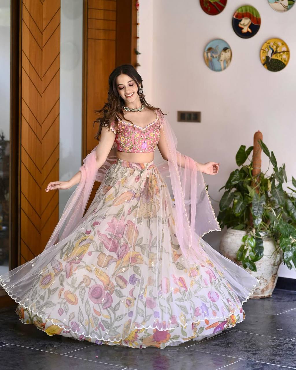 Traditional Chinon Silk Printed Lehenga Set with Embroidered Sequins
