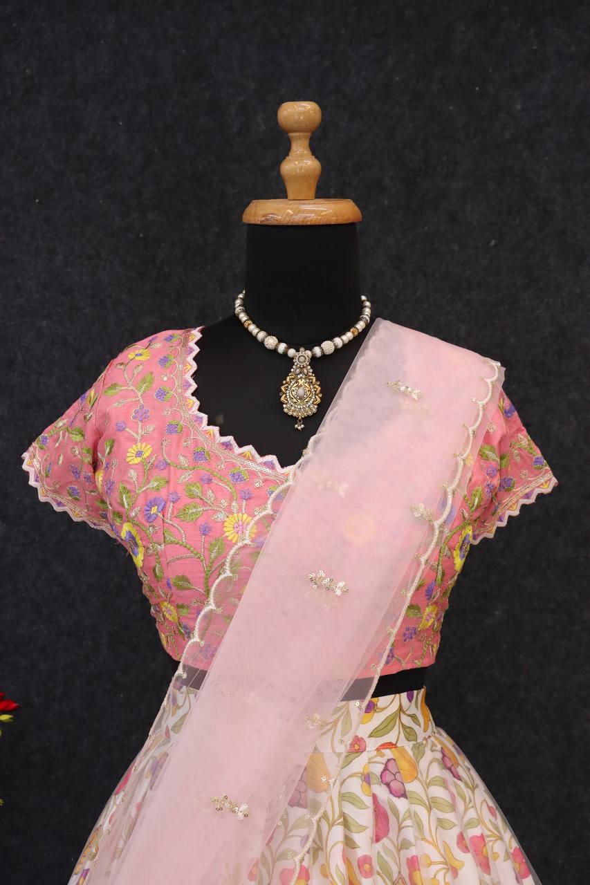 Traditional Chinon Silk Printed Lehenga Set with Embroidered Sequins
