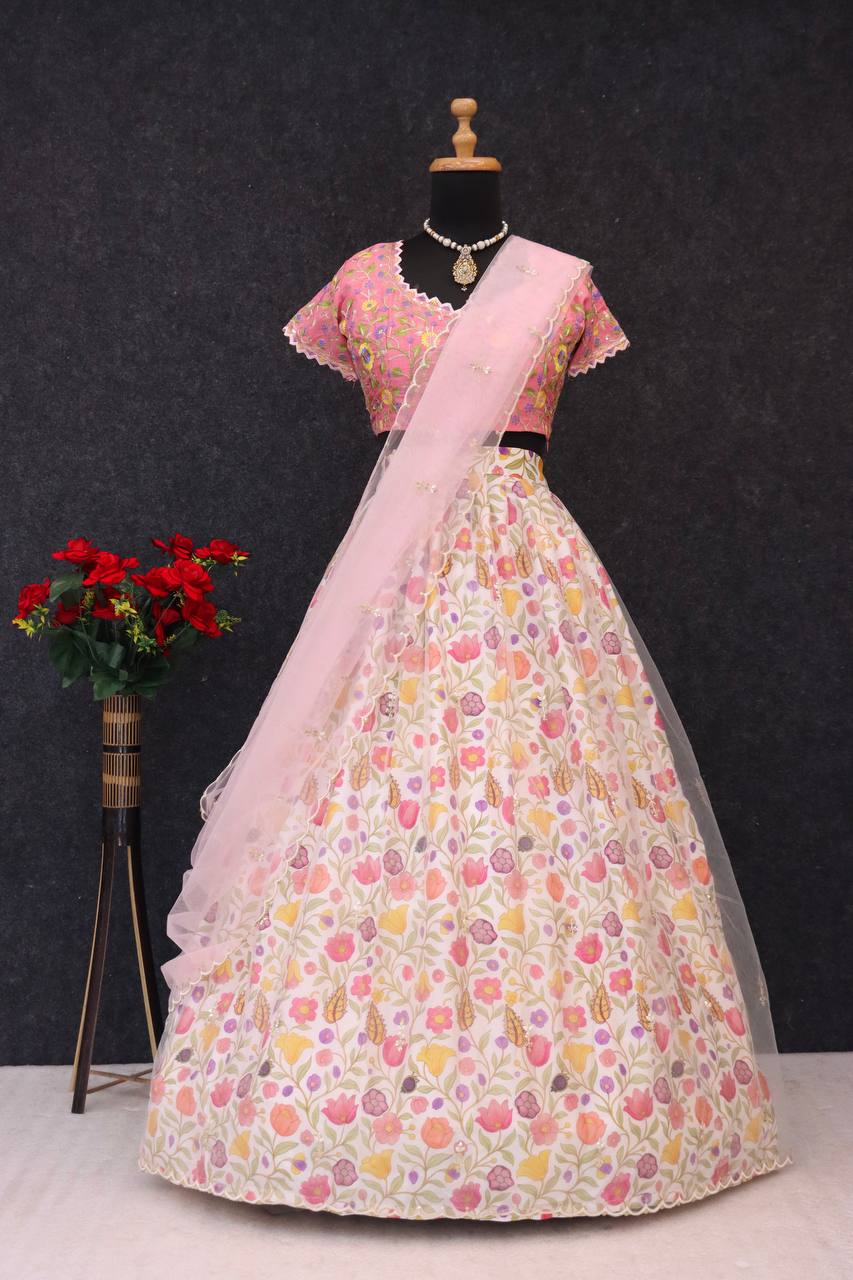 Traditional Chinon Silk Printed Lehenga Set with Embroidered Sequins