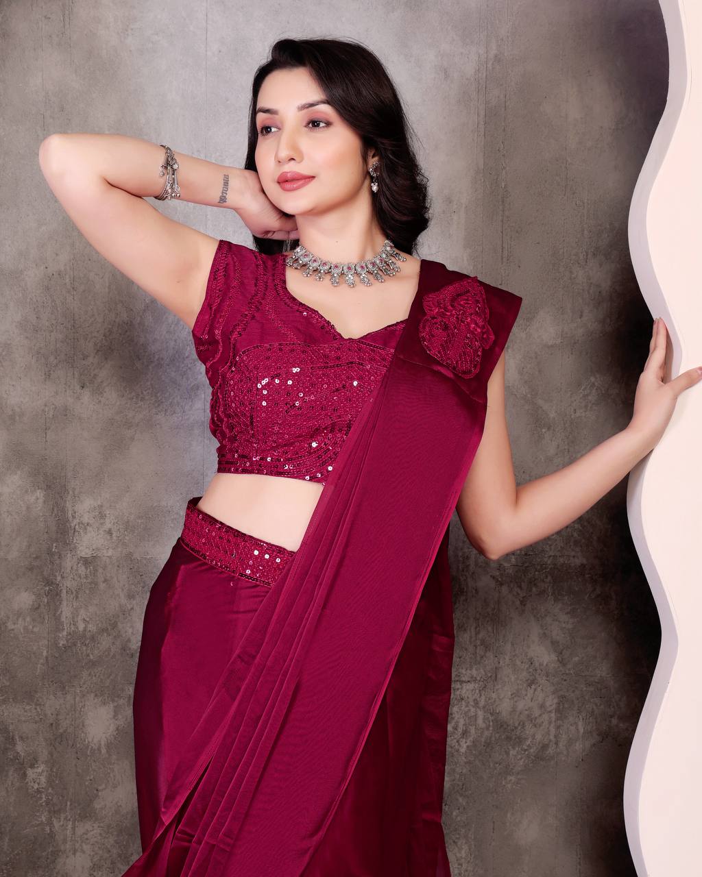 Premium Rangoli Silk Embroidered Sequin Ready-to-Wear Saree
