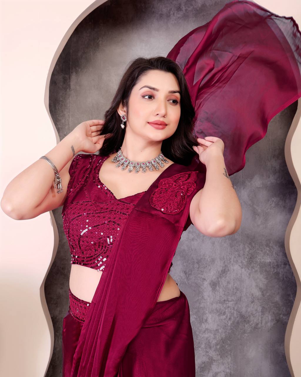 Premium Rangoli Silk Embroidered Sequin Ready-to-Wear Saree